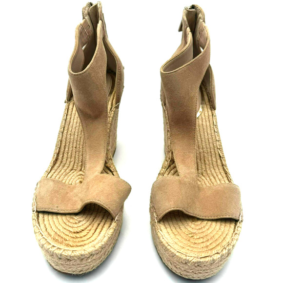 KENNETH COLE Women's 9.5 Olivia T-Strap Leather‎ Beige Espadrille Wedge Sandals - Picture 3 of 9
